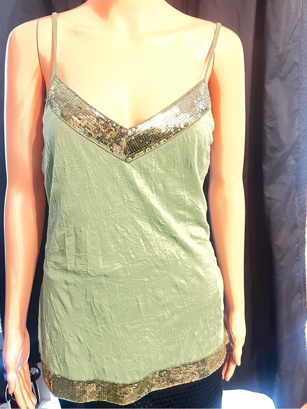 Olive Green Sequin-Trim Camisole Tank Top